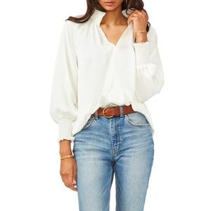 Vince Camuto Womens Ivory Smocked Blouson Sleeve Split Wear to Work Blouse Small